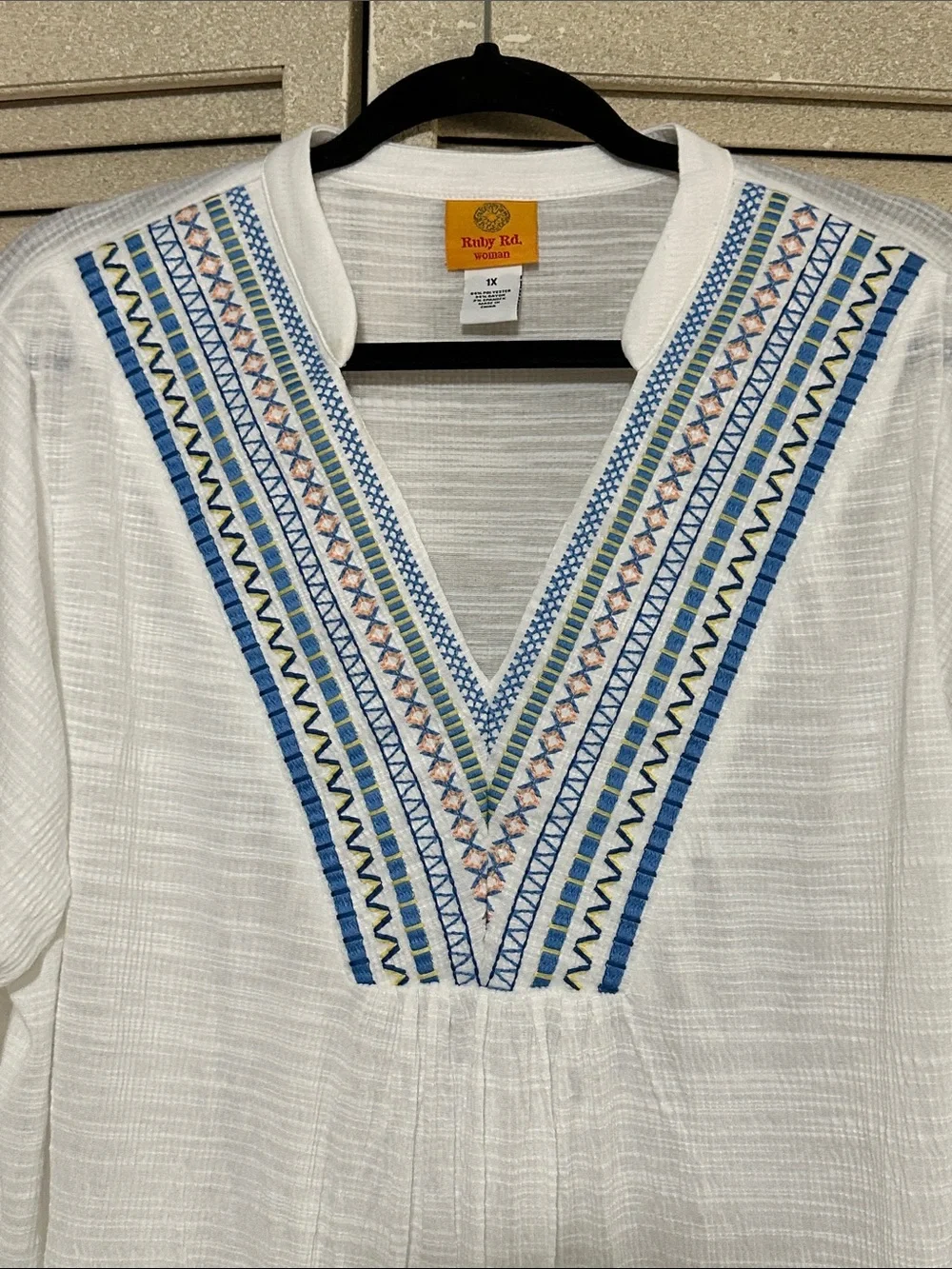Ruby Rd. White Tunic with Blue Embroidered V-Neck - Picture 6 of 9